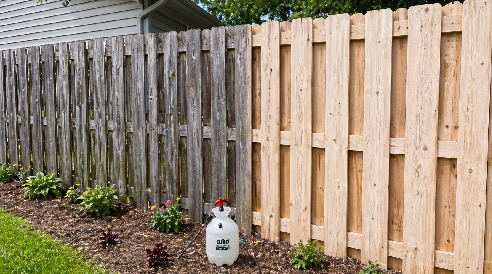 Wood fence before and after renewal treatment
