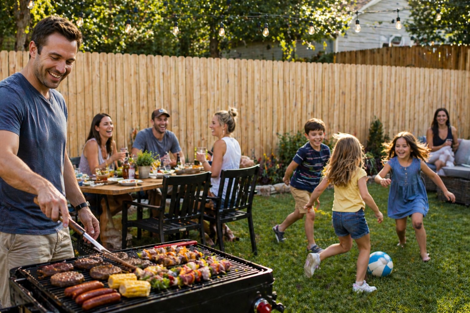 Family BBQ cookout in backyard with beautiful wood fence