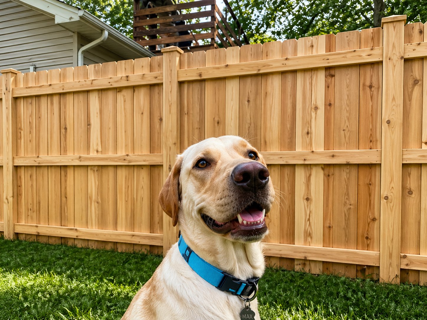 Happy dog in front of beautiful renewed wood fence