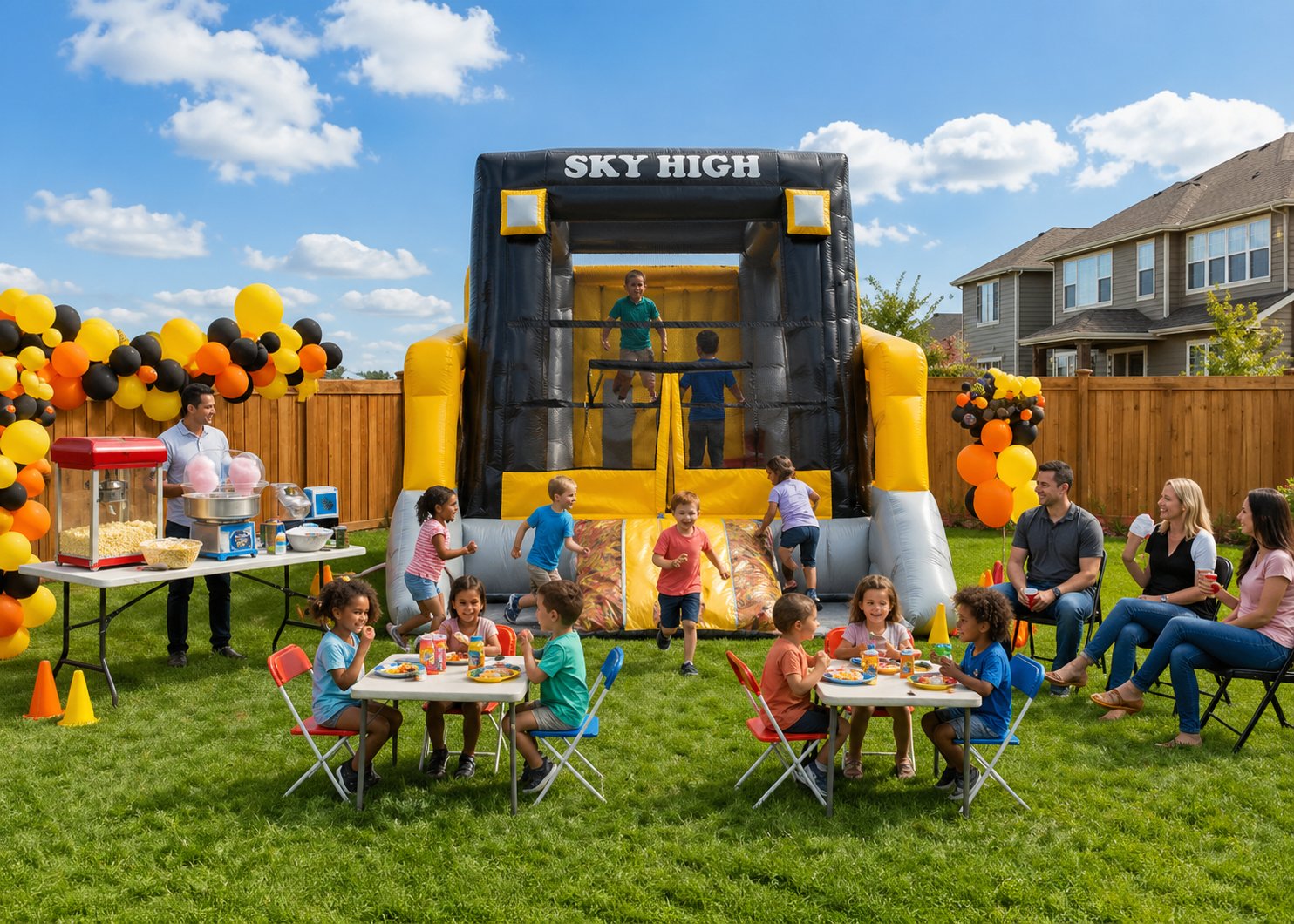 Kids birthday party in backyard with wood fence